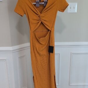 Lulu's Mustard Twist-Front Midi Dress